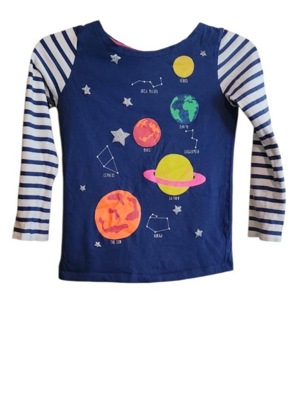 Mini Boden Navy Stripe-Sleeve Planet & Stars Graphic Long-Sleeve Top